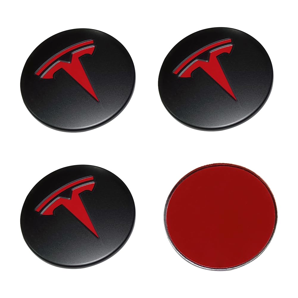 4PCS Wheel Hub Center Caps Cover Fit for Tesla Roadster Model Y Model 3 Modification Hub Cover (Matte Black/Red)