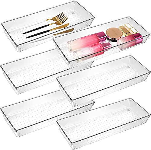 Image of Snazzy 6 Pack Clear Plastic Drawer Organizer Tray 15 x 6 x 2 Inch Cutlery Utensil Makeups Drawer Organizers Stackable Clear Bathroom Organizer Clear Tray Organizing Bins