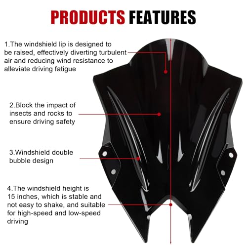 Image of PSLER Motorcycle Windshield Windscreen for Ninja 500 2024-2026, Black | Double bubble windshield helps deflect wind for highway and daily rides, various colors with aggressive looking design