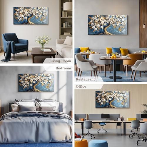 SERIMINO Tree of Life Large Canvas Wall Art, Abstract Gold Tree Modern Office Decorations, Nature White Floral Artwork for Walls, Navy Blue Pictures Wall Decor Living Room Bedroom Art Prints 20"X40"