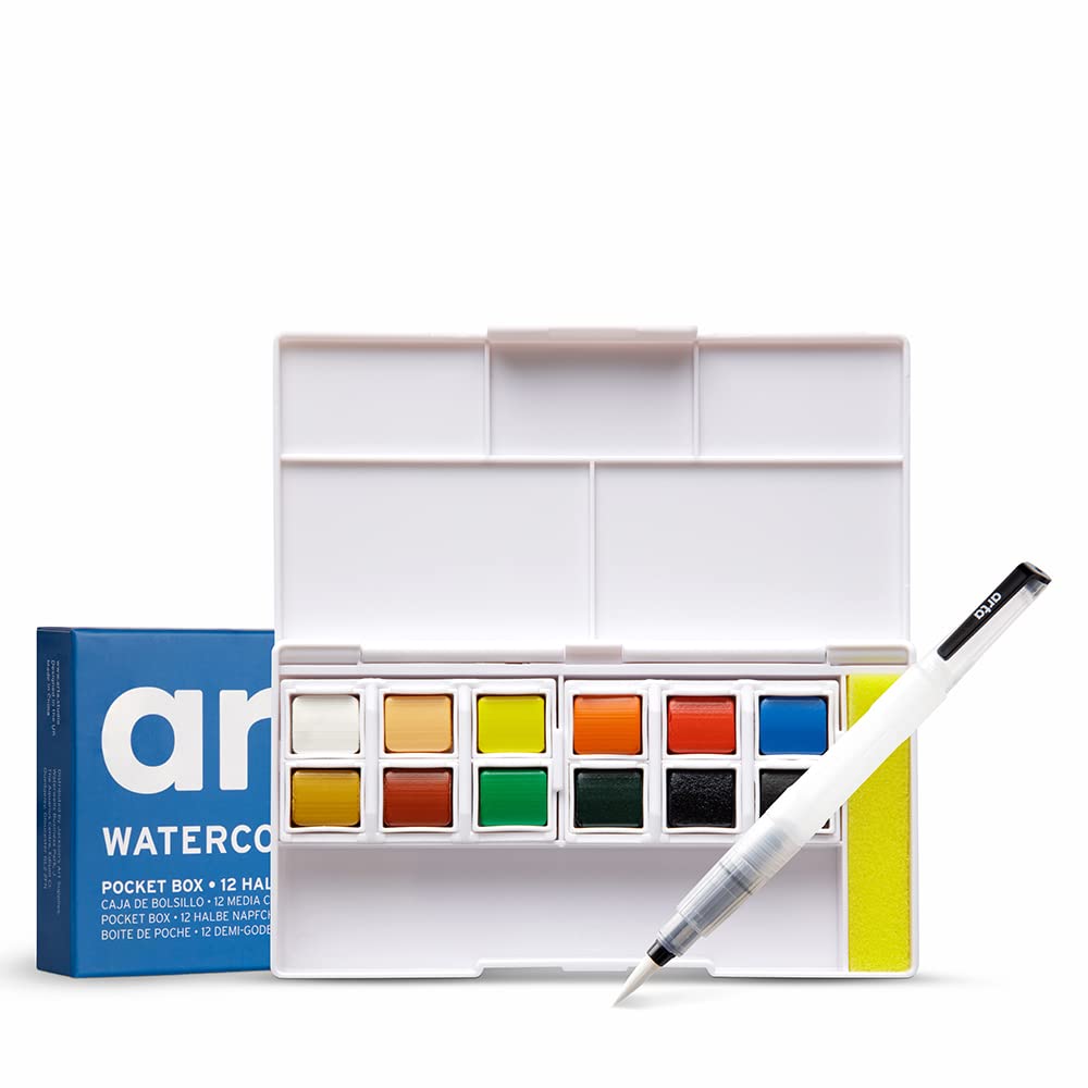 Arta White, Titan Buff, Lemon Yellow, Orange, Vermilion, Cerulean Blue, Yellow Ochre, Pale Red, Permanent Green Light, Chrome Green, Prussian Blue, Ivory Black : Watercolour : Pocket Box Set : Half Pans And Water Brush : Highly Pigmented Colours For Students & Artists Size 12
