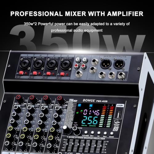 Image of BOMGE 4-Channel Audio Interface Mixer with 256 DSP, Bluetooth 48V Phantom Power, 2x350W Amplifier (4 Ohm) for Studio Recording, DJ Mixing, Karaoke, Concert Party & Streaming