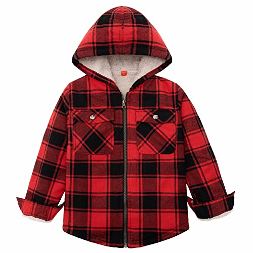 Image of ThCreasa Boys Plaid Flannel Jackets Sherpa Lined Zip Up Long Sleeve Warm Flannel Shirt with Hood