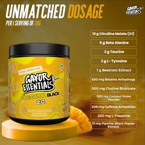 Image of Gayor Essentials Pre gayor black 2.0 Pre Workout High Stim Energy, Focus & Muscle Pump, 200mg Caffeine, 10g Citrulline Malate, 6g Beta Alanine, L-Theanine Performance Formula (Mango Slush, 338g)