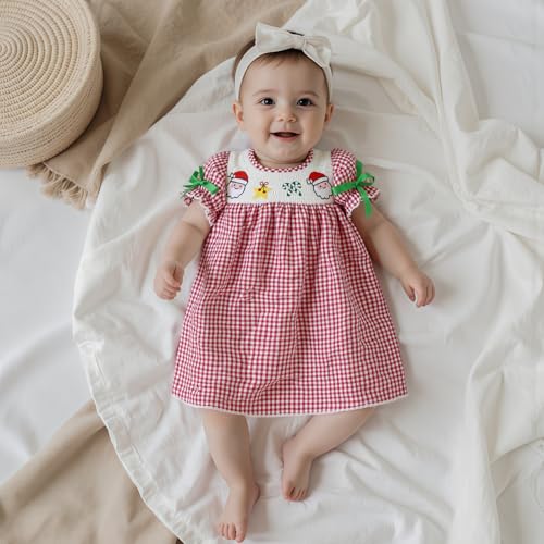 Toddler Baby Girl Christmas Dress Santa Embroidery Plaid Print Puff Sleeve Smocked Dresses Kids Christmas Clothes2
