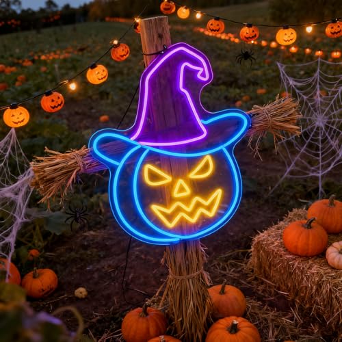 Image of Custom Halloween Neon Sign Witch Hat Led Sign Broom Light Up Sign for Wall Halloween Decorations for Halloween Party Window Porch Room, Home