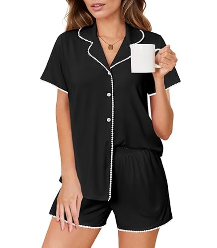 Ekouaer Pajamas Set for Women Classic Short Sleeve PJ Sets Button Down Lounge Sets Comfy Sleepwear Black M