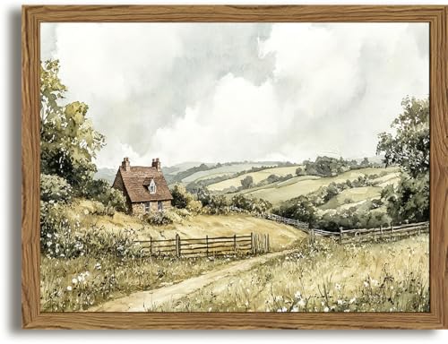Framed Vintage Canvas Wall Art, Cottage Landscape Wall Decor Paintings,
