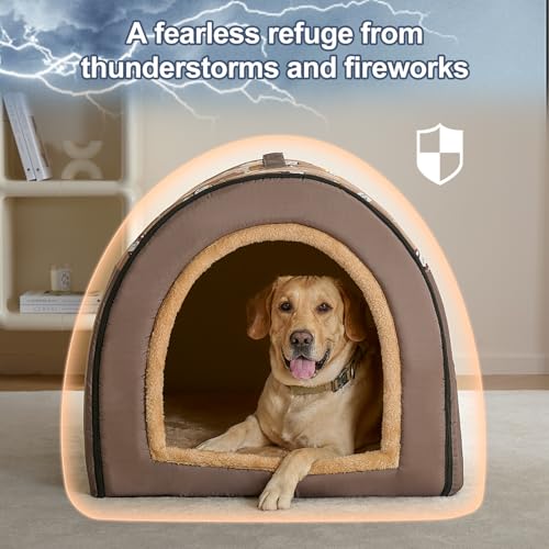 Jiupety 2 in 1 Dog House Indoor, Comfy Cave Bed Covered Dog Bed, Portable House for Large Dogs, 3XL(39"×32"×28"), Up to 90 Lb, Brown - Image 3