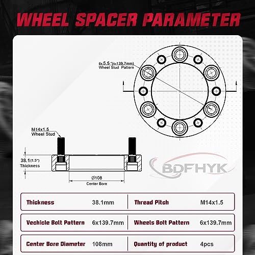 Image of BDFHYK 6x5.5 Wheel Spacers Thickness 1.5 Inch Compatible with Chevy Silverado 1500 1999-2022 Avalanche Suburban Tahoe GMC Sierra 1500 K1500 Yukon, 6x139.7mm 6 Lug M14x1.5 & 108mm Hub Bore No Lip