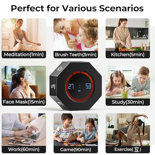 Image of Small Rechargeable Pomodoro Timer, Gravity Sensor Auto-Rotating 7 Preset Times (1 /3 /5 /15 /30 /60 /90 min) & Count Up Mode, Digital Kitchen Timers for Cooking, Work and Study (Space Gray)