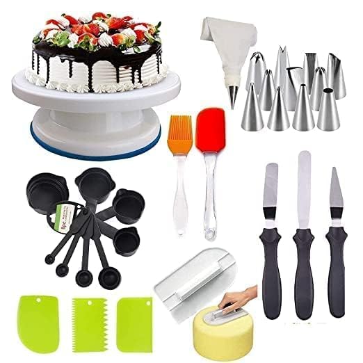 Image of Cake Decoration Kit with 360-Degree Rotating Turntable Table,12 Piece Cake Decorating Nozzle, Scraper Set, Silicone Spatulaa,3 Pcs Multi-Function Stainless Steel Cake Icing Spatula Set (Combo 3)