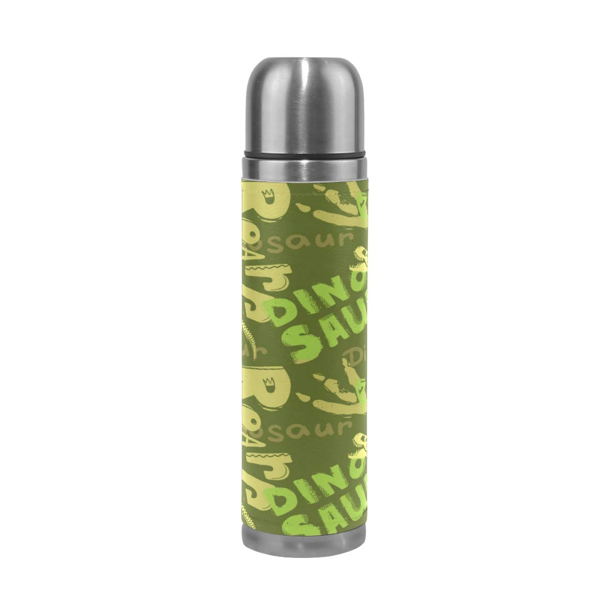 Reisebecher, Vakuum-isoliert, Edelstahl, doppelwandig, auslaufsicher, Tasse, Flaschen, Jurassic Period, Tiermotiv, Dinosaurier, Knochen, personalisierbar, bedruckt, echtes Leder, 500 ml
