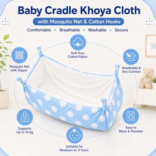 Image of Baby Cradle Khoya Cloth with Side Storage Pockets | Semi Foldable Jhula Palna Ghodiyu for 0-3 Years | Breathable Hammock with Mosquito Net | Baby Swing (Up to 15 kg) (Baby Car Jhula)