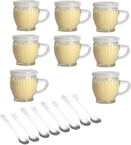 Paquete de 8 vasos de gelatina de cristal de boca ancha de 4 onzas con tapas de mango (PE) y cucharas, tarros herméticos de vidrio transparente para