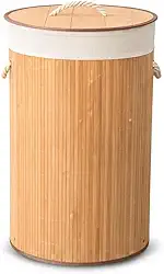 Cesto de Roupa Suja Redondo em Bambu com Tampa e Forro Removível 50L – Cesto Organizador para Lavanderia, Banheiro e Quarto – Dobrável, Ecológico, Moderno e Resistente