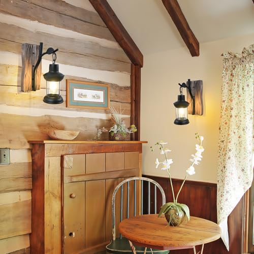 Image of Rustic Wall Light Fixtures Vintage Wall Sconces Sets of 2 Farmhouse Antique Wooden Wall Lamps with Clear Glass Mounted Lighting Black Bedside Sconces Lighting for Bar Cafe Barn Stairs