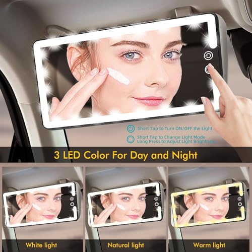 Image of Car Sun Visor Vanity Mirror with Lights, Rechargeable LED Car Visor Makeup Mirror with 3 Color Dimmable Lights - Universal Accessories for Cars, SUVs, Trucks (Black)