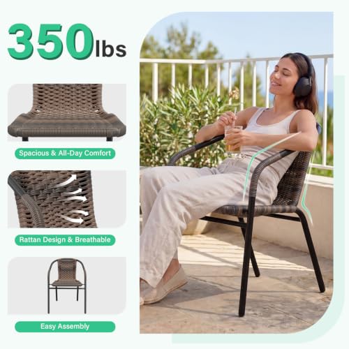 Image of JEAREY Outdoor Dining Chairs Set of 4, Stackable Rattan Patio Chairs, Brown | 4 stackable rattan chairs with powder-coated frame for patio, deck, garden and restaurant seating