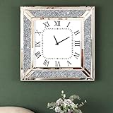 SHYFOY Deorative Wall Clock, 24 inch Large Mirrored Clock for Wall Living Room Decor, Crushed Diamond Home Decor, Glass Surface Mirror Frame