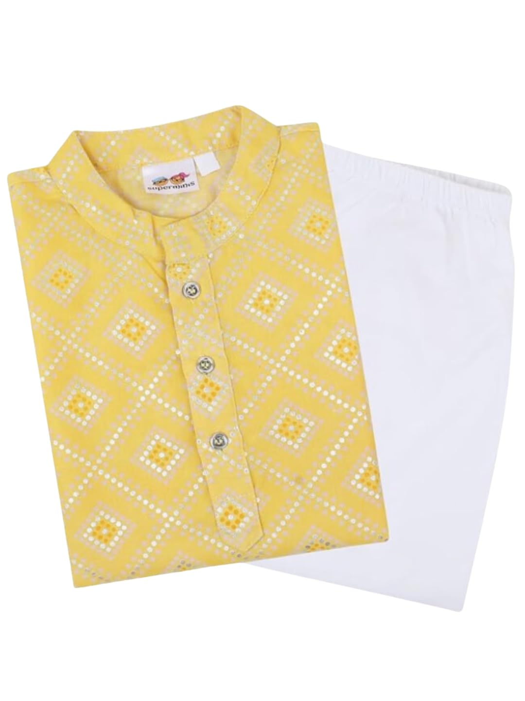 superminis Boys Silver Foil Printed Kurta, Round Collar, Full Sleeves With White Pyjama Cotton Kurta Set