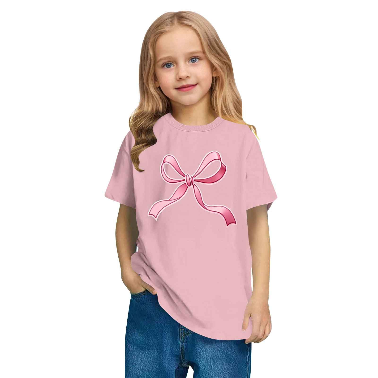 KODMNSW T-Shirt für Mädchen Sommer Kurzarm Tshirt Kinder Süße Oberteile mit Schleife-Print Basic Shirt Rundhals Casual Kindershirt Locker Kurzarmshirt Sportshirt Sommershirt Rosa 140