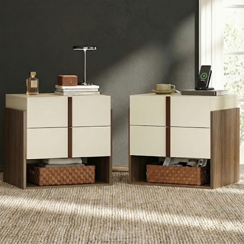 Mid-Century Modern Nightstands Set with Charging Station