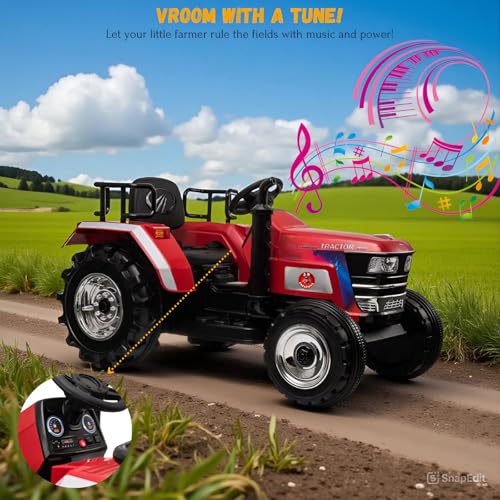 Image of Mahindra Tractor NOVO 12V Electric Ride-On Tractor for Kids | Big Wheeled Farm Tractor with Music, Horn, LED Lights, Suspension, Forward & Reverse | Ages 1-8 Years