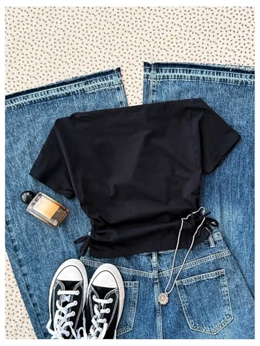 SweatyRocks Girl's Flag Graphic Off The Shoulder T Shirt Letter Print Side Drawstring Tee Tops2