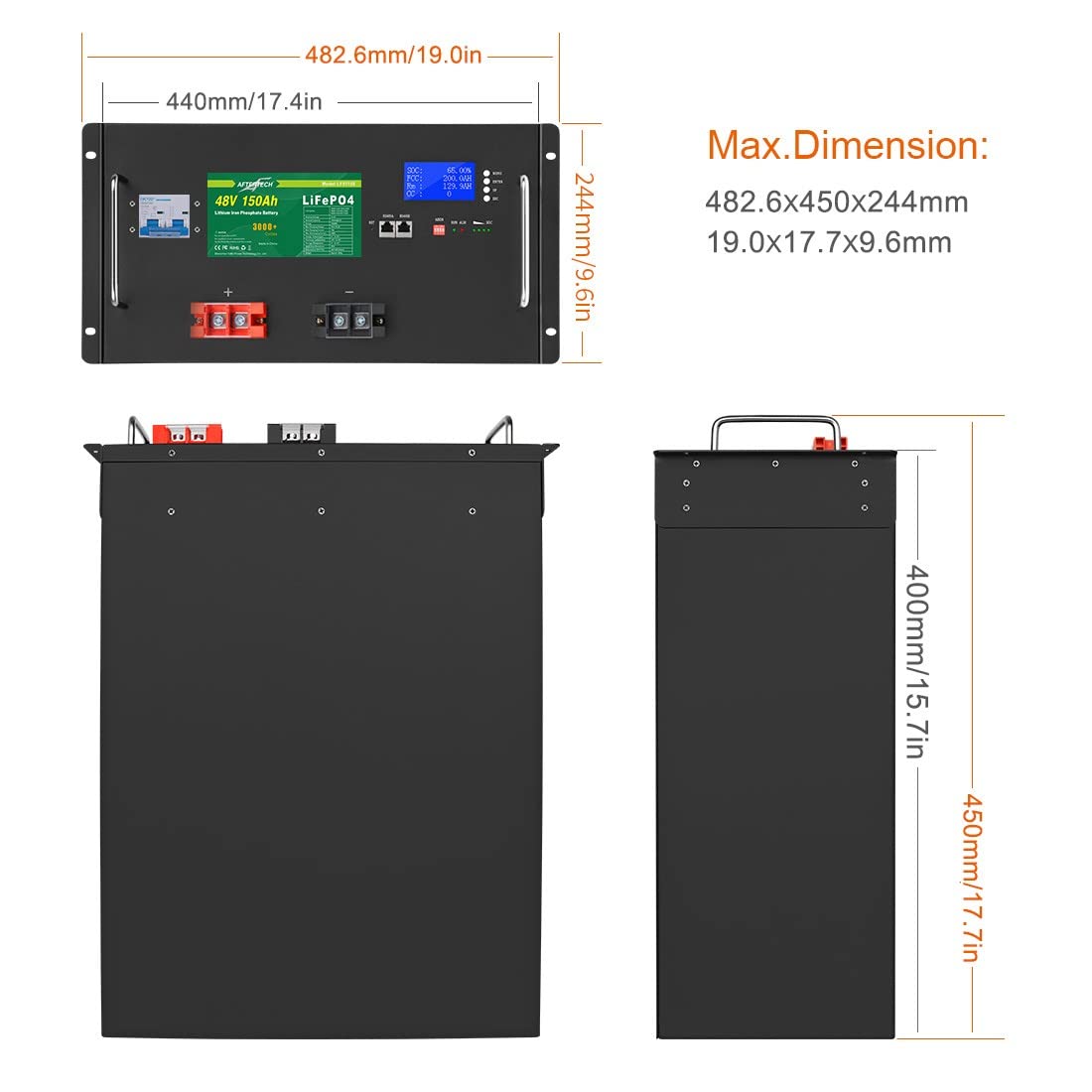 AFTERTECH 48 V, 150 Ah, Lifepo4, wiederaufladbar, Lithium-Eisen, Phosphat-Batterie