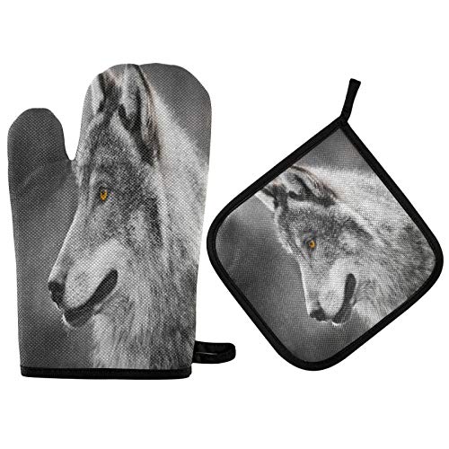 Mnsruu Guante de cocina para horno y soporte para ollas, diseño de lobo gris