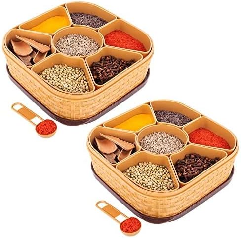 Kavya Enterprise Plastic 2 Pcs Masala Rangoli Box Dabba for Keeping Spices, Spice Box for Kitchen, Masala Container, Plastic Wooden Style, 7 Sections (MB - 2)