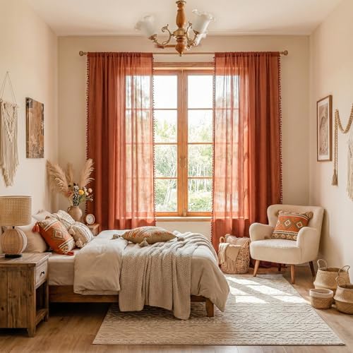 Image of MYSKY HOME Semi Sheer Short Macrame Curtains for Window Treatment,Bohemian Country Home Decor Light Filtering Privacy Protect Back Tab Drapes,50 inch Wx63 inch L, Terracotta, 2 Pieces