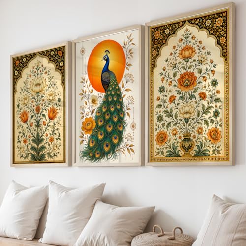 Image of NoWorries Floral Peacock Wall Art Set of 3 Framed Prints | Indian Traditional Botanical Painting, Royal Peacock & Lotus Flower Poster, Vintage Rajasthani Wall Decor for Living Room Bedroom Home (Synthetic Engineered Wooden Frame) (MIN -1, 10x13 inches)