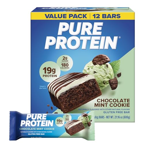 Pure Protein Chocolate Mint Cookie Protein Bars – 20g Protein, 3g Sugar, 190 Calories (12 count) Low Sugar* High Protein Snack - Gluten Free - Perfect for a Healthy Snack