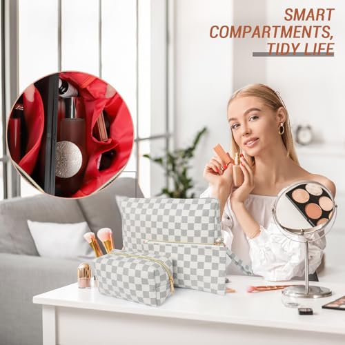 Checkered Makeup Bag Set, 3-Piece Waterproof Cosmetic and Toiletry Travel Organizer with Zipper, Large Capacity Pouch for Skincare, Brushes, and Accessories4