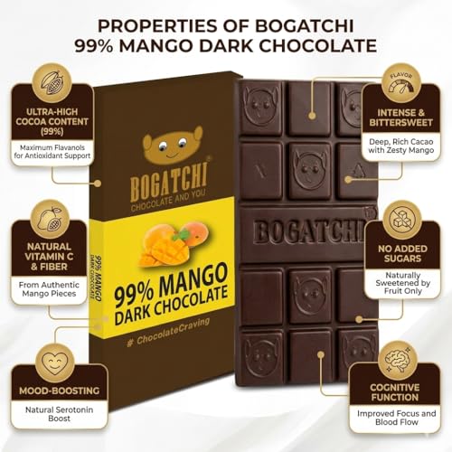 Image of BOGATCHI Chocolate 99% Dark| Mango | Real Cocoa Intense Dark Chocolate, 60 gm