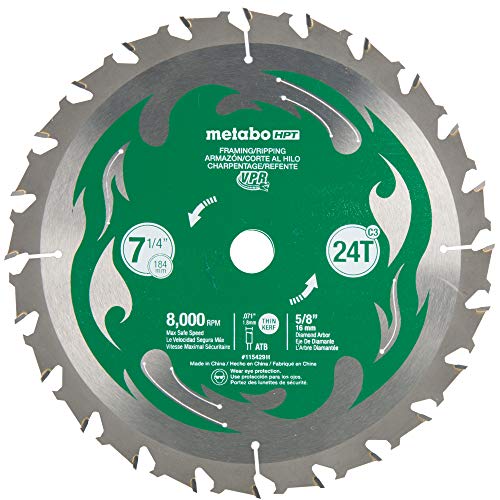 Metabo HPT Circular Saw Blade, 7-1/4', 24T, Framing/Ripping, VPR Blade w/Tungsten Carbide Tips (115429M)