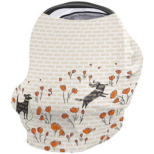 Nursing Cover for Breastfeeding Scarf, Orange Flower Gray Dog Baby Car Covers Super Soft Multi Use for Canopy Shopping Cart Cover Blanket Stroller Cover
