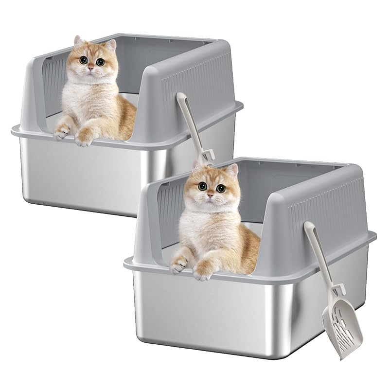2PACK Stainless Steel Cat Litter Box with Lid,19.7” L x 13.8” W x 11.8”H Deep,Large Metal Litter Box with High Side,for Small and Large Cats,Anti-Leakage Non-Sticky Include Litter Scoop