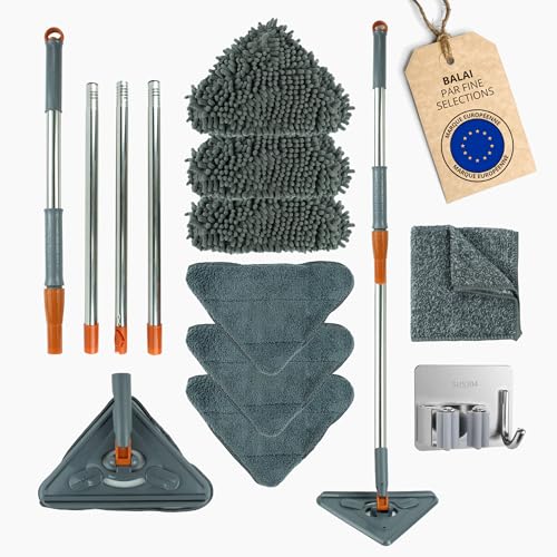 FINE SELECTIONS®️ Vadrouille de Nettoyage Rotative à 360° | avec Balai Microfibre Télescopique – Balai Plafond Triangulaire avec | Kit Complet et Pratique