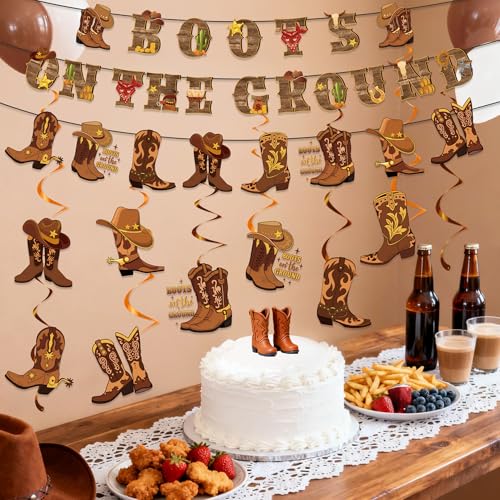 Image of Boots on the Ground Decorations Include Boots on the Ground Banners Hanging Swirls Western Cowgirl Theme Party Supplies