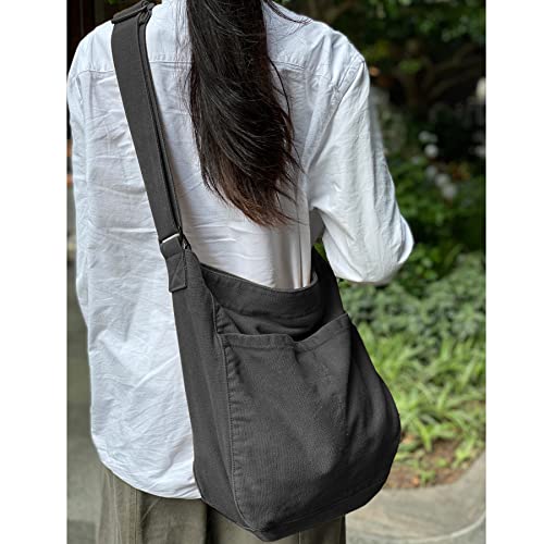Image of Canvas Hobo Crossbody Shoulder Tote Bag for Women and Men W /Multi-pocket Casual Purse Messenger Bags Travel Work