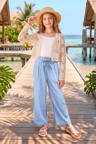 Image of Girls Summer Floral Wide Leg Pants High Waisted Flowy Dress Trousers with Pockets for School Lounge Beach 5-14 Years