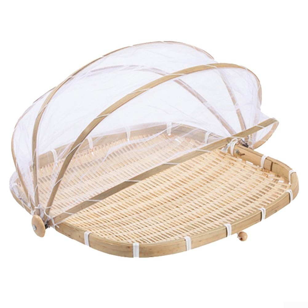 Storage Basket with Mesh Cover, Woven Fruit Vegetable Drying Tray for Kitchen Counter, Picnic & Farm Use, Handcrafted Organizer Bin(S)