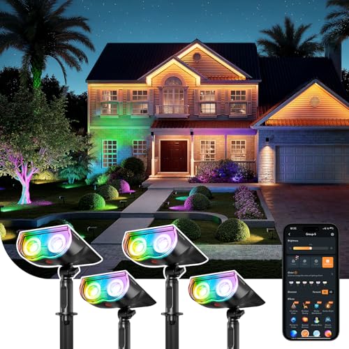 Image of Linkind Smart Solar Spot Lights Outdoor SL5C, Solar Lights Outdoor Spotlight Cool /Warm White /Color Changing, APP /Voice Control IP67 Landscape Lighting for Yard, Garden, Pathway(4 Pack)