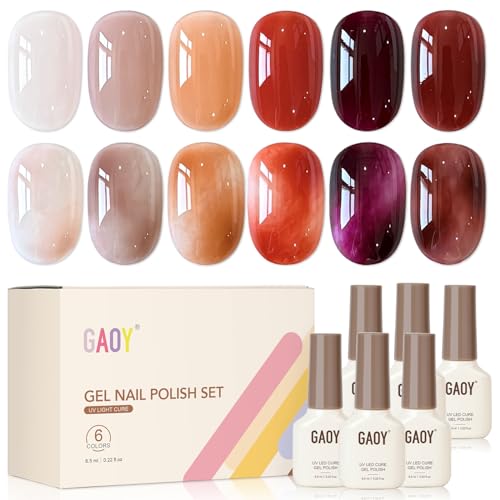GAOY Brown Jelly Gel Nail Polish of 6 Transparent Nude White Dark Red Colors Sheer Gel Polish Kit for Salon Manicure and Blooming Nail Art DIY at Home