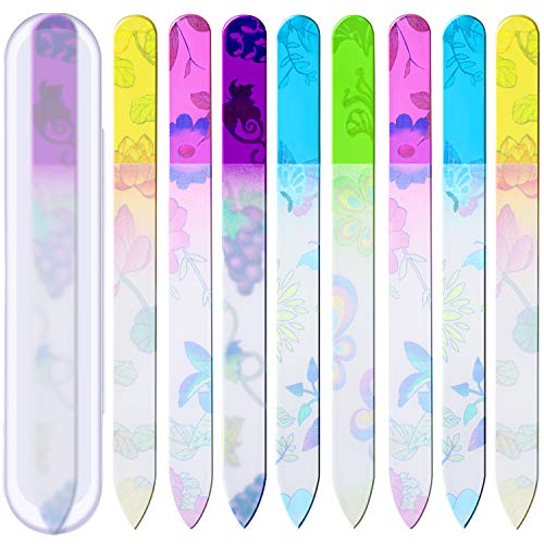8 Pack Glass Nail Files With Cases Colorful Pattern Printed Nail Buffers And Buffer Crystal Fingernail Files With Travel Protective Cases For Professional Manicure Supplies #TOP5