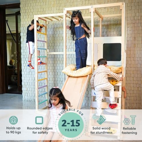 Image of Curious Cub Playloft 8 in 1 Jungle Gym for Kids Indoor | Slide for Kids, Ladder, Drawing Board, Monkey Bars |Rock Climbing At Home|Fun Activity for Ages 2-15 Yrs|Home Play Set for Toddler