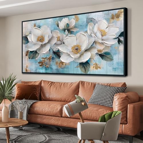 Ardemy White Floral Wall Art - Large Teal Canvas 58x29